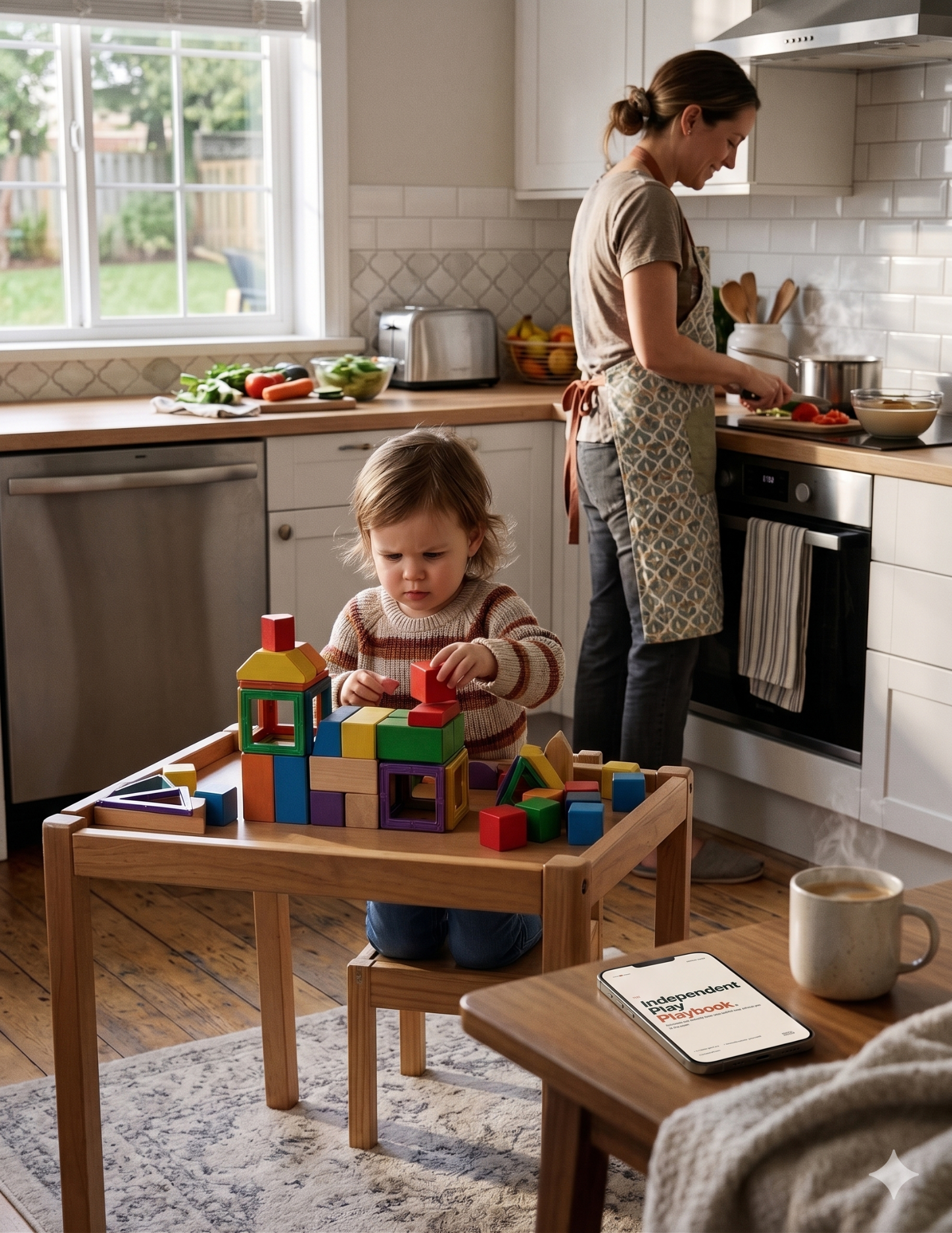 A toddler concentrating on an independent play activity at a low table while a mom cooks in the background.